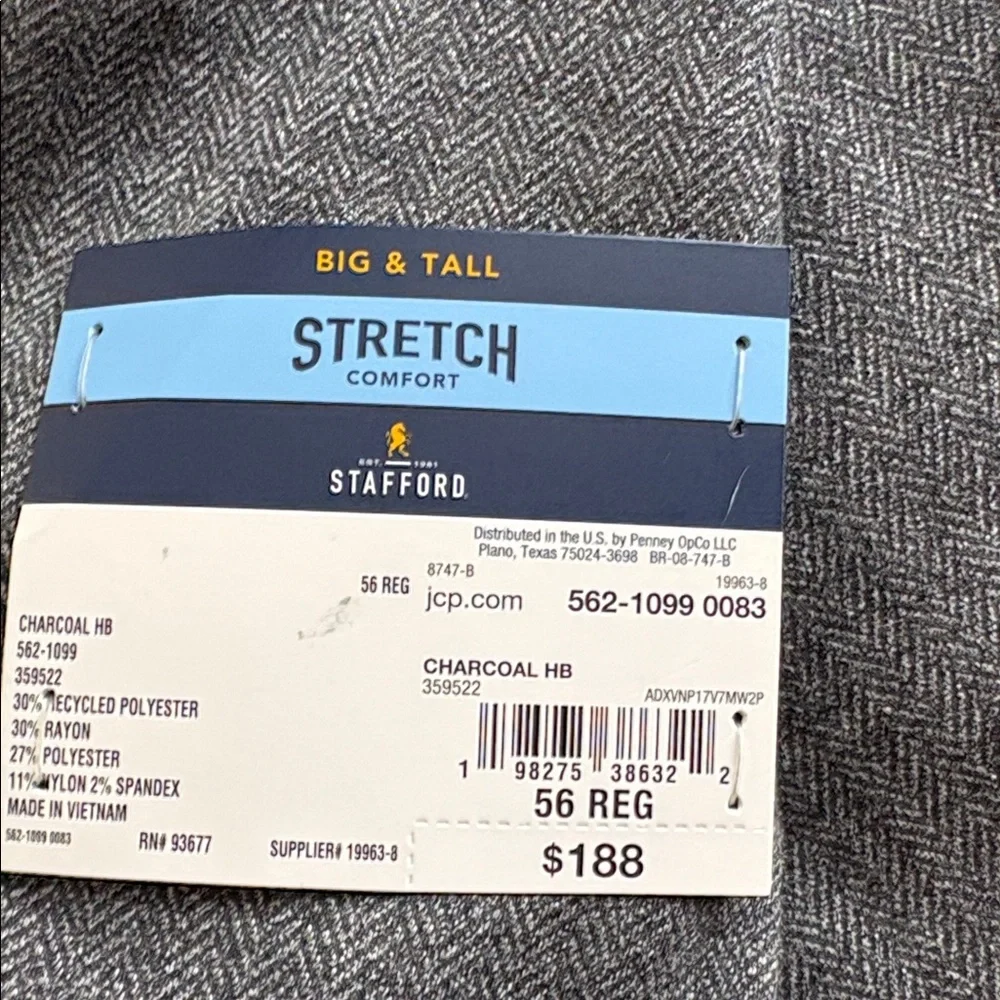 Stafford Stretch charcoal herringbone sport coat size 56R NWT